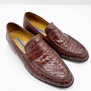 Johnston & Murphy Brown Woven Leather Penny Loafers - Deep Brown